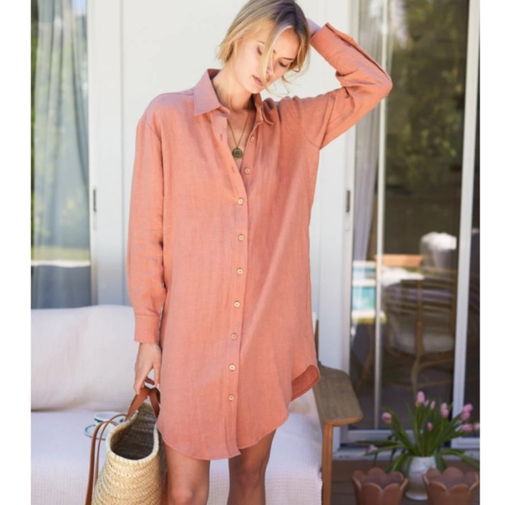 EMERSON FRY Linen Shirt Dress Dusty Orange Long Sleeve Button Front Size Small